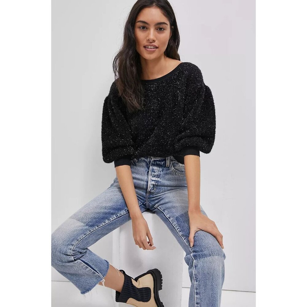 Maeve Anthropologie Women M Pamela Tinsel Sweater Black Shiny Holiday Festive